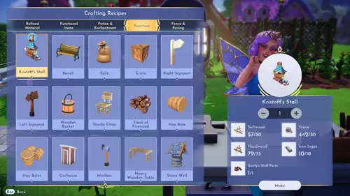 Screenshot of crafting Kristoff's Stall in Disney Dreamlight Valley