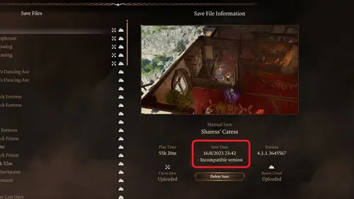 Image of incompatible version saves in Baldur's Gate 3