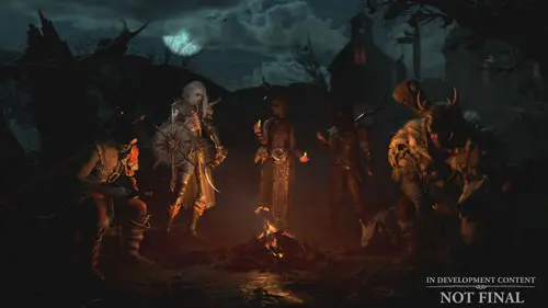 Diablo 4 characters standing around a campfire