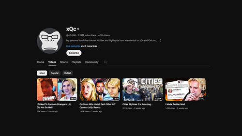 The videos page of xQc's YouTube channel.