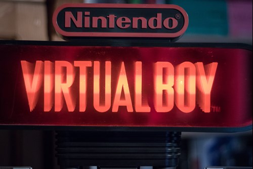 A lit sign advertising Nintendo's Virtual Boy.