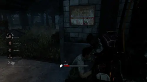 Dead by Daylight: A Survivor repairing a generator while looking behind for the Killer