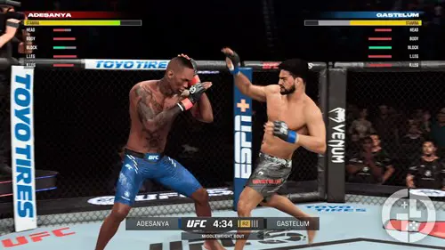 Israel Adesanya blocking an incoming kick from Kelvin Gastelum in UFC 5