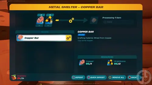 The Copper Bar crafting recipe in LEGO Fortnite