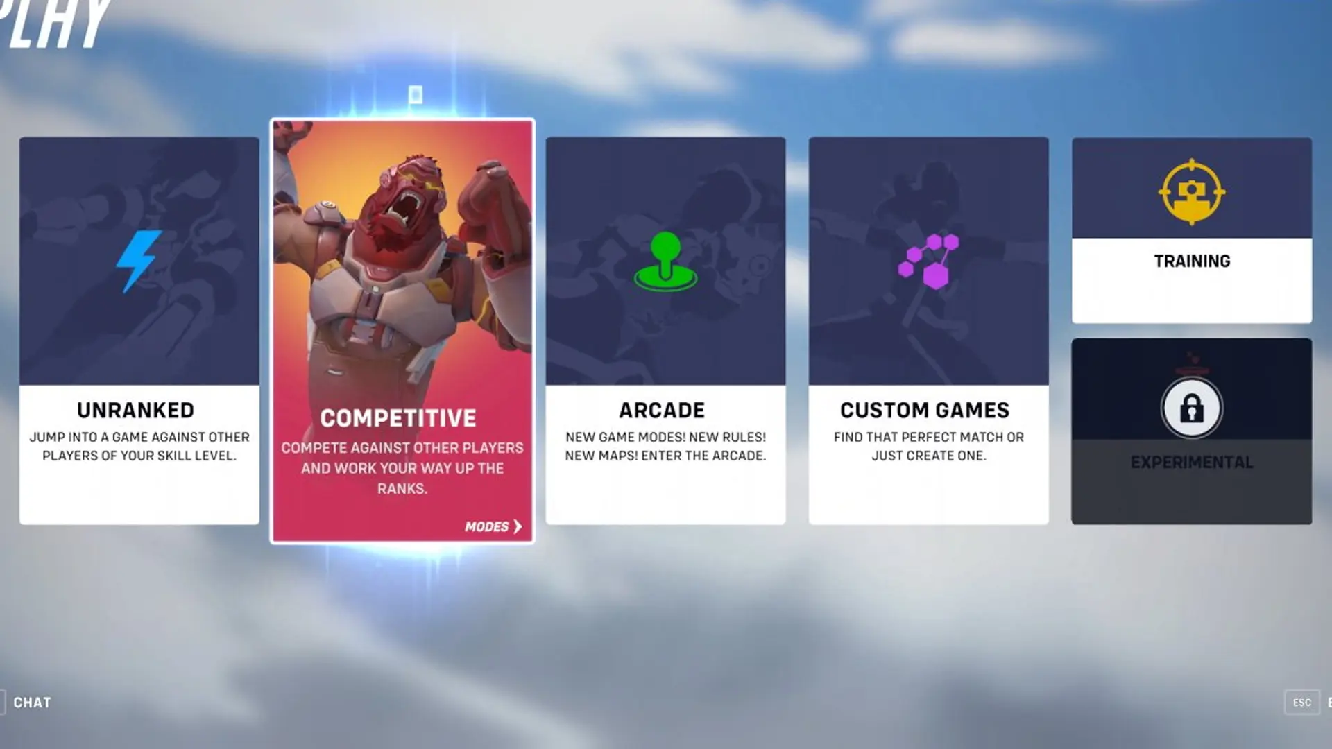 Overwatch 2 experimental: The Play menu, showing the various playlists, and the locked experimental mode