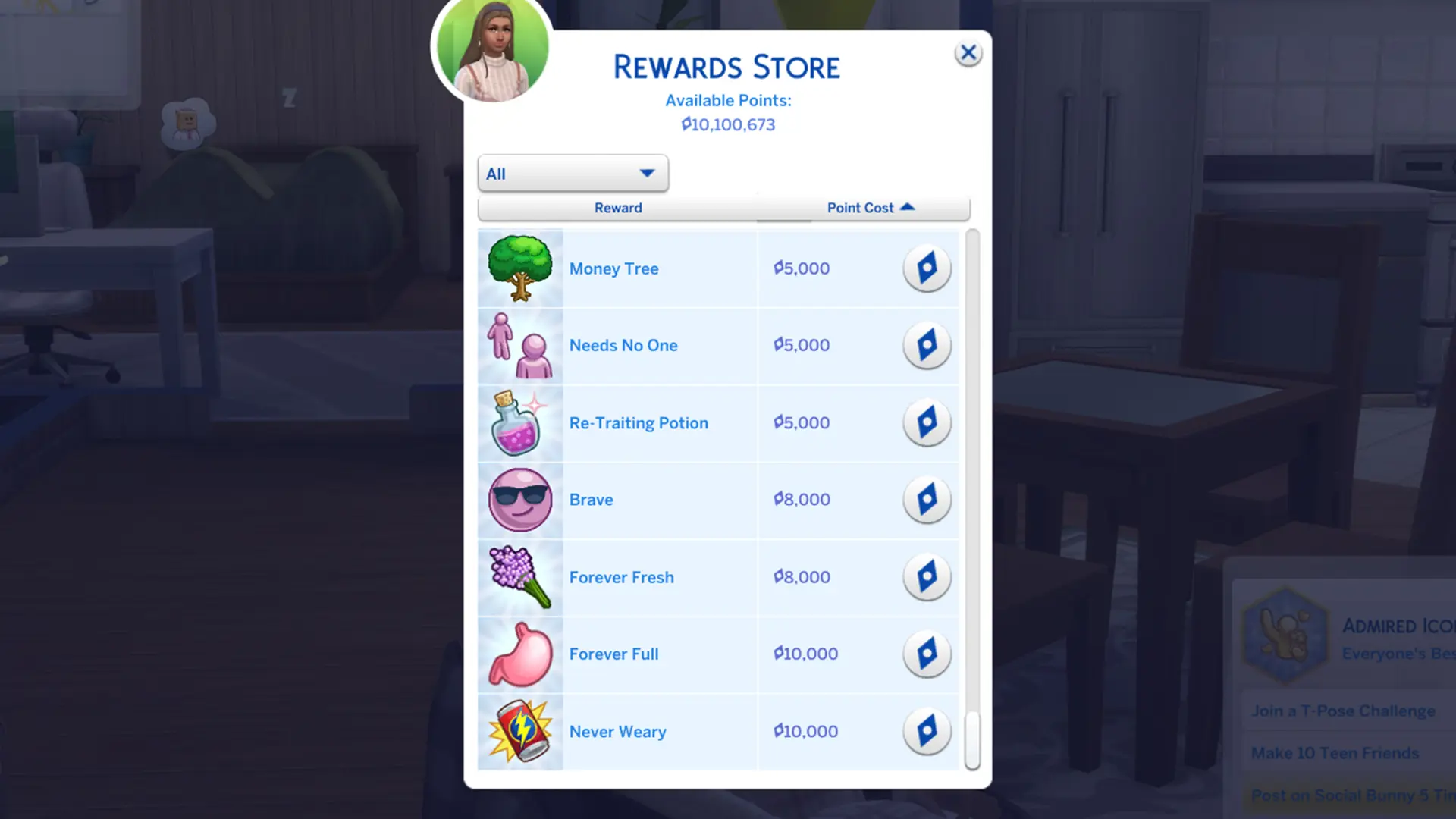 Screenshot of The Sims 4 rewards store