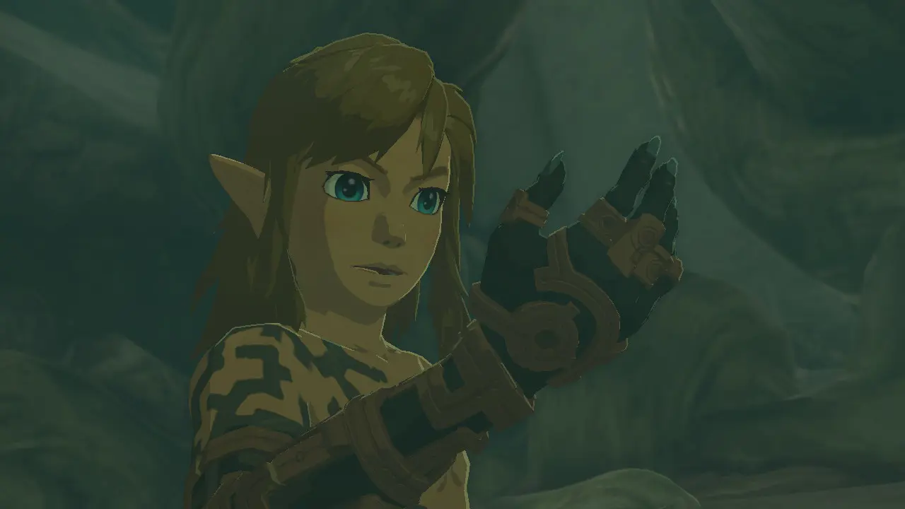 Link stares at his new arm in The Legend of Zelda: Tears of the Kingdom