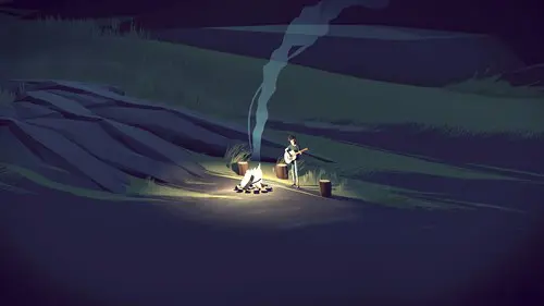 Zek playing guitar in front of a campfire in Closer the Distance