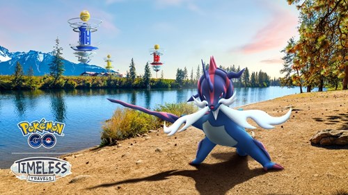 Key art of Hisuian Samurott in Pokemon GO for the Timeless Travels Raid Day