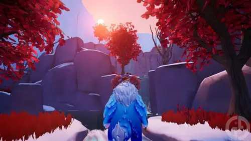 Nunu and Willump look out at an assortment of red trees against a snowy backdrop in Song of Nunu