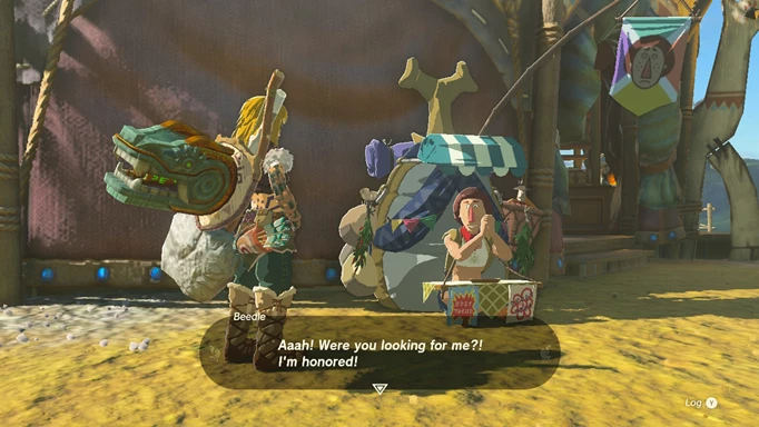 Link talking to Beedle the merchant in The Legend of Zelda: Tears of the Kingdom