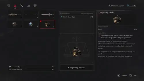 The Conquering Amulet, one of the first boss amulets you can exchange for instead of a weapon in Lies of P