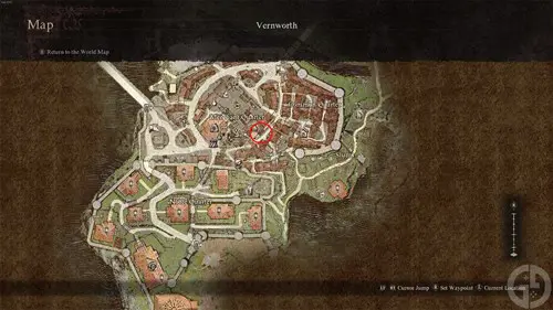 Mildred's location in Vernworth in Dragon's Dogma 2