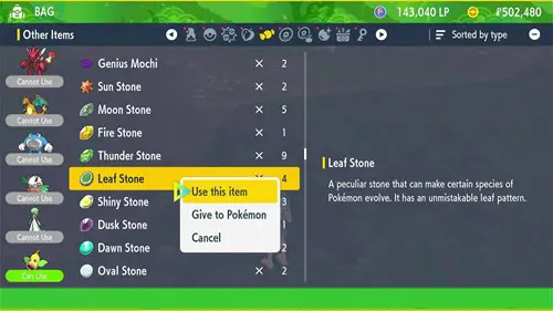 About to evolve Weepinbell into Victreebell by using a Leaf Stone in The Teal Mask DLC for Pokemon Scarlet & Violet