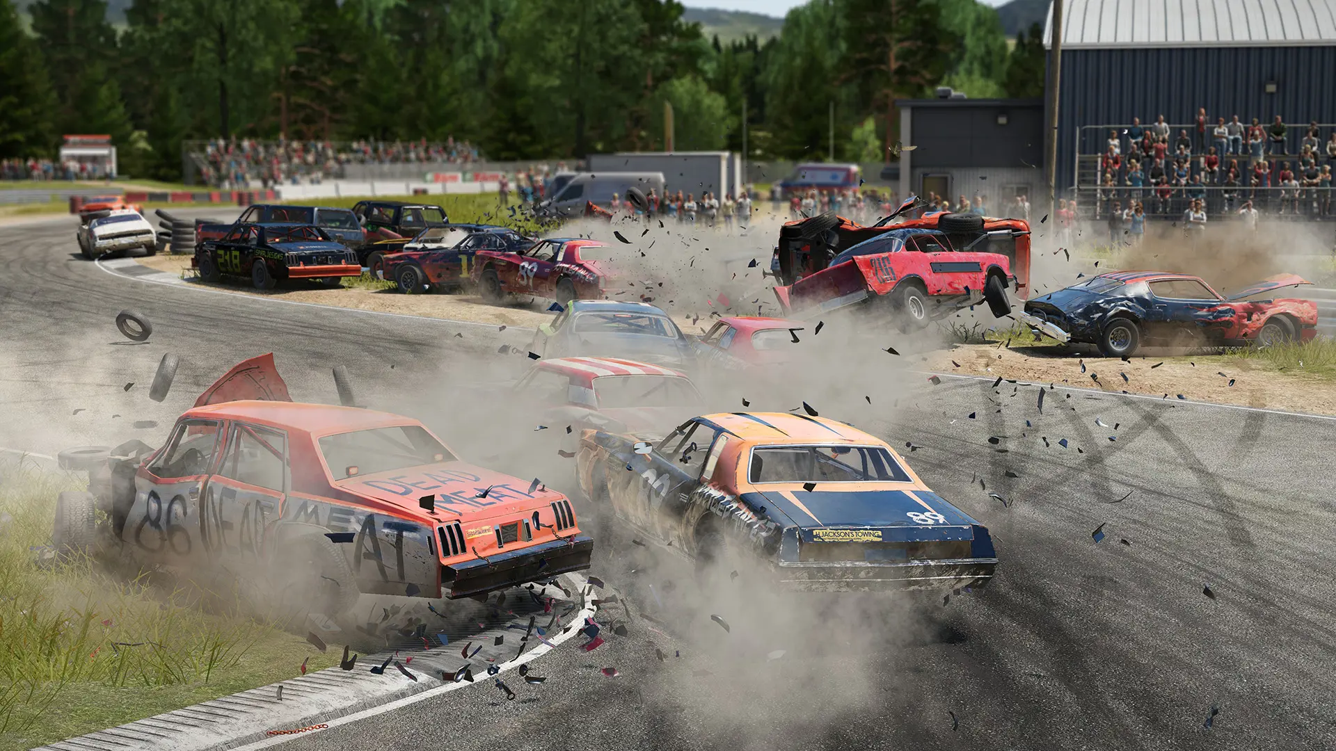 A huge crash occurs on a corner in Wreckfest