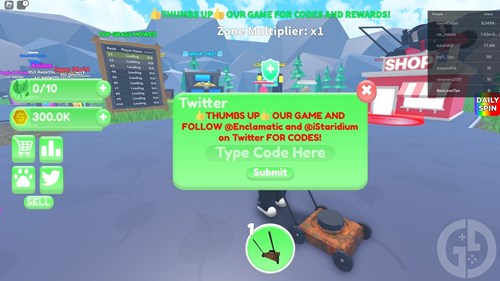 The menu to redeem Mowing Masters Simulator on Roblox