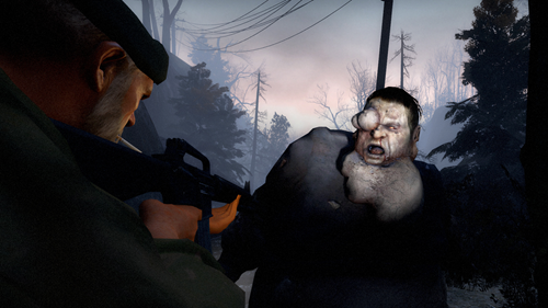 One of Left 4 Dead's characters facing off against a bloater.