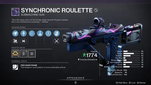 Destiny 2 Synchronic Roulette: perk page for the weapon