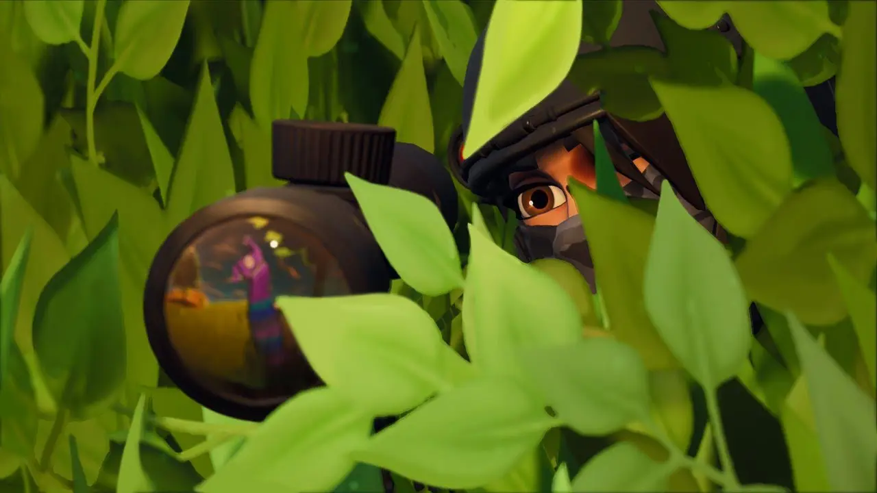 A Fortnite character using a scope through a bush