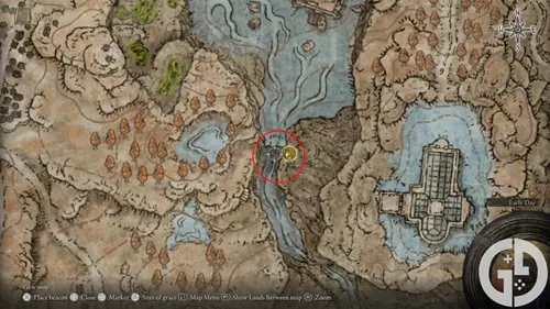 Map showing the Ruins of Unte waterfall in Elden Ring Shadow of the Erdtree