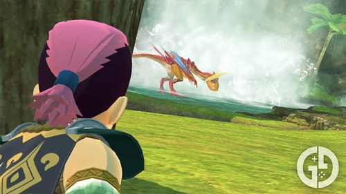 Spotting a Yian Kut-Ku at a waterfall in Monster Hunter Stories 2