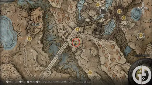 Map showing the location of the Firespark Perfume Bottle in Elden Ring Shadow of the Erdtree