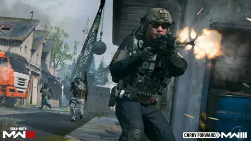 An operator firing a rifle in Modern Warfare III.