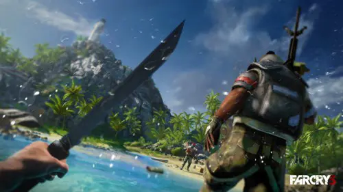 The player character leaping out of the ocean, machete in hand, in Far Cry 3.