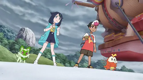 Liko and Roy with Sprigatito and Fuecoco in Pokemon Horizons: The Series