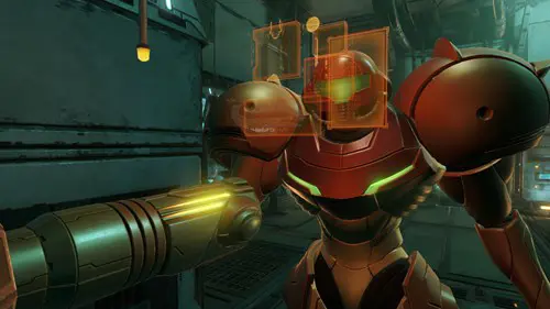 Metroid Prime Remastered new game plus: Samus using her scanner