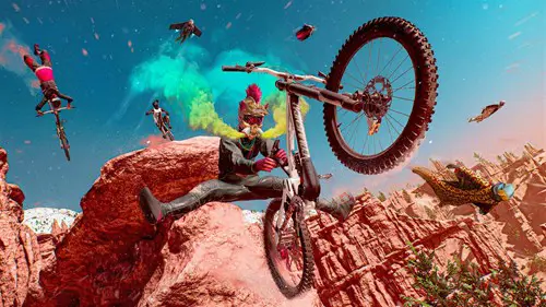 Key art from PS Plus April 2023 game Riders Republic with a character doing a trick on a bike