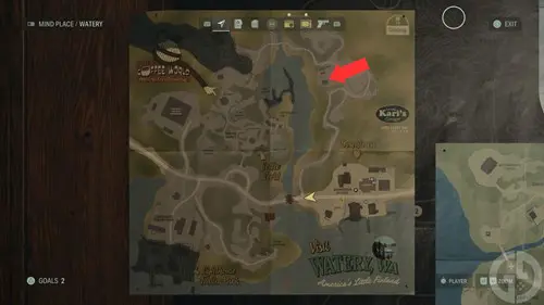 A map showing Watery and the location of the crossbow in Alan Wake 2