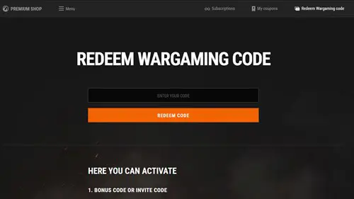 The code redemption webpage for World of Warships