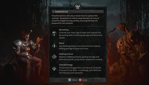 an image of the Barbarian information screen in Diablo 4