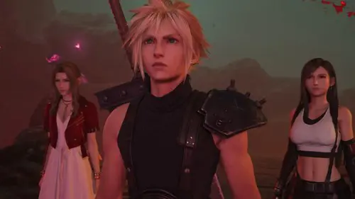 Cloud, Aerith and Tifa stand side-by-side in Final Fantasy 7 Rebirth.