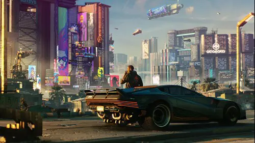 A landscape look at Night City in Cyberpunk 2077.