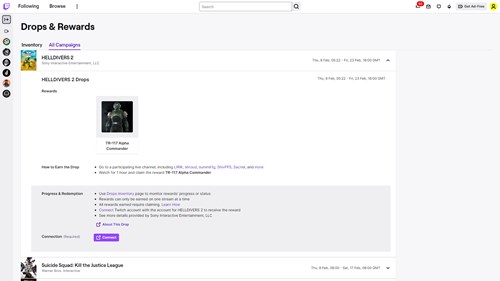 the Helldivers 2 drops page on Twitch