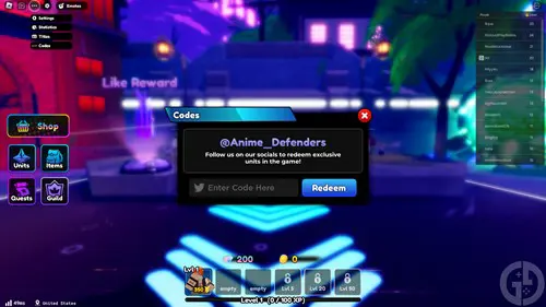 code screen in Anime Defenders