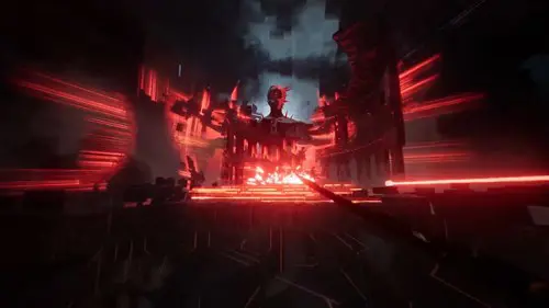 a screenshot of the Ghostrunner 2 release date trailer showing a boss fight