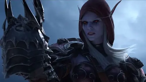 Sylvanas holds a helmet with a grimace in World of Warcraft: Shadowlands.