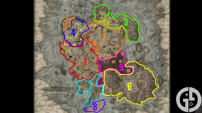 Image of the Elden Ring Shadow of the Erdtree map split up into different sections