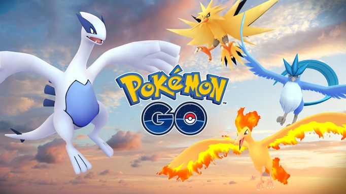 Key art of Pokémon Go featuring Lugia, Zapdos, Articuno and Moltres flying around the logo