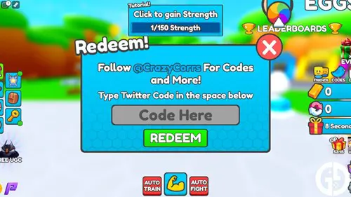 The code redemption screen for Roblox Deadlift SImulator