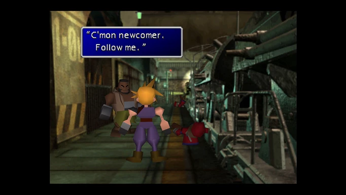 Image of Cloud meeting Barret in Final Fantasy VII
