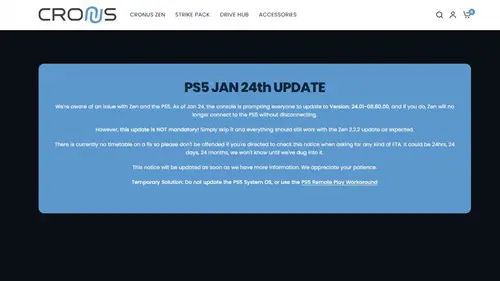 Image of the Cronus website's update following the PlayStation update