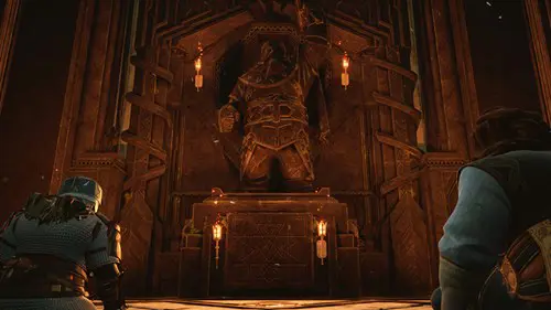 Return To Moria key art showing an ancient Dwarven statue