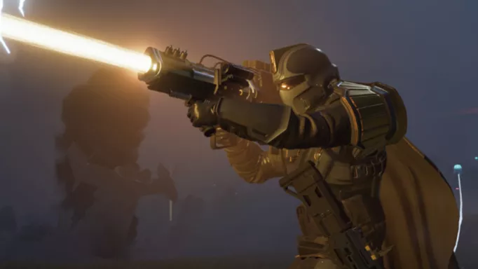 A Helldiver fires a beam in Helldivers 2.