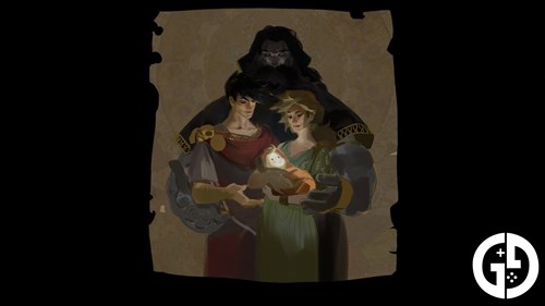 Zagreus Family Portrait in Hades 2, with Zeus, Persephone, and Baby Melinoe