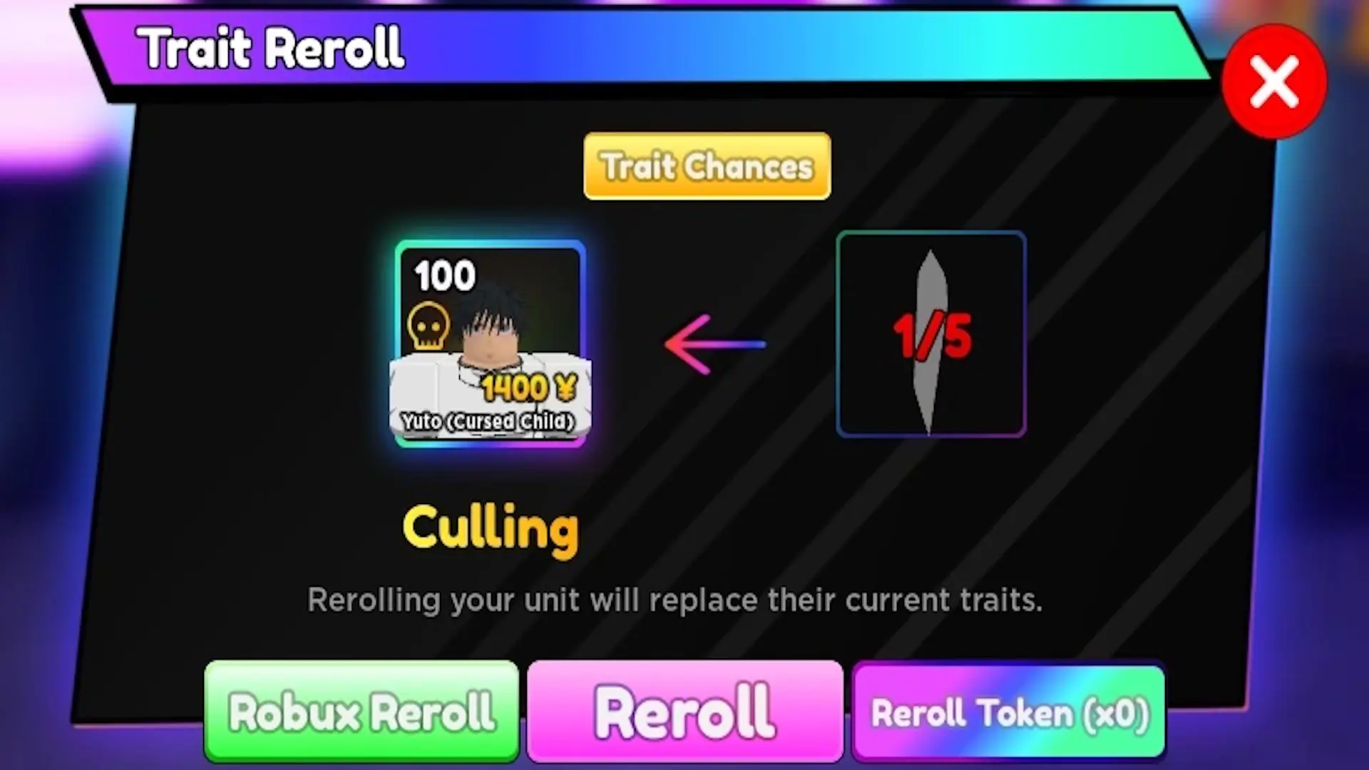 Traits menu in Anime Adventures