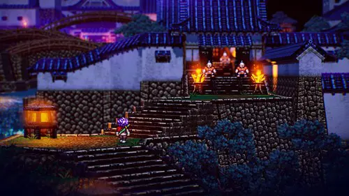 Screenshot of Live A Live where the main character is at the foot of the stairs of a Japanese castle